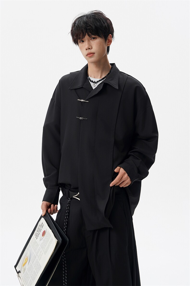 8XL-M风新中式黑色翻领长袖衬衫男秋季休闲衬衣痞帅CS537P58,男装衬衫,电商D206-1