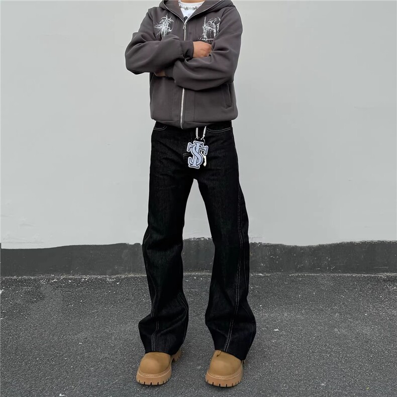 黑男美式复古字母刺绣黑色原牛仔裤男cleanfit直筒微喇弯刀长裤子,男装牛仔裤,星座506A