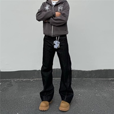 黑男美式复古字母刺绣黑色原牛仔裤男cleanfit直筒微喇弯刀长裤子，男装牛仔裤，星座506A