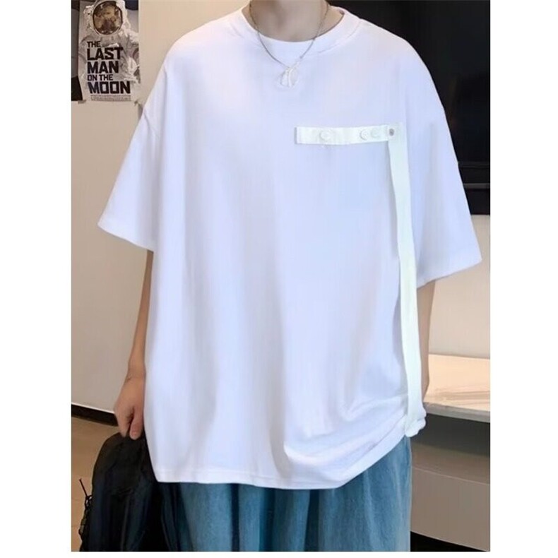 夏季潮牌纽扣装饰短袖t恤美式复古重磅设计感宽松休闲百搭上衣,男装T恤,星座410-7