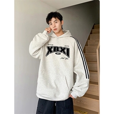 抖音得物品质480克全棉加绒织带连帽印花卫衣三条杠针织卫衣A0414，男装卫衣，电商A443