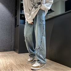 五角星牛仔裤男女美式高街潮牌裤子直筒宽松拖地阔腿裤N8883-P45，男装牛仔裤，星座1008