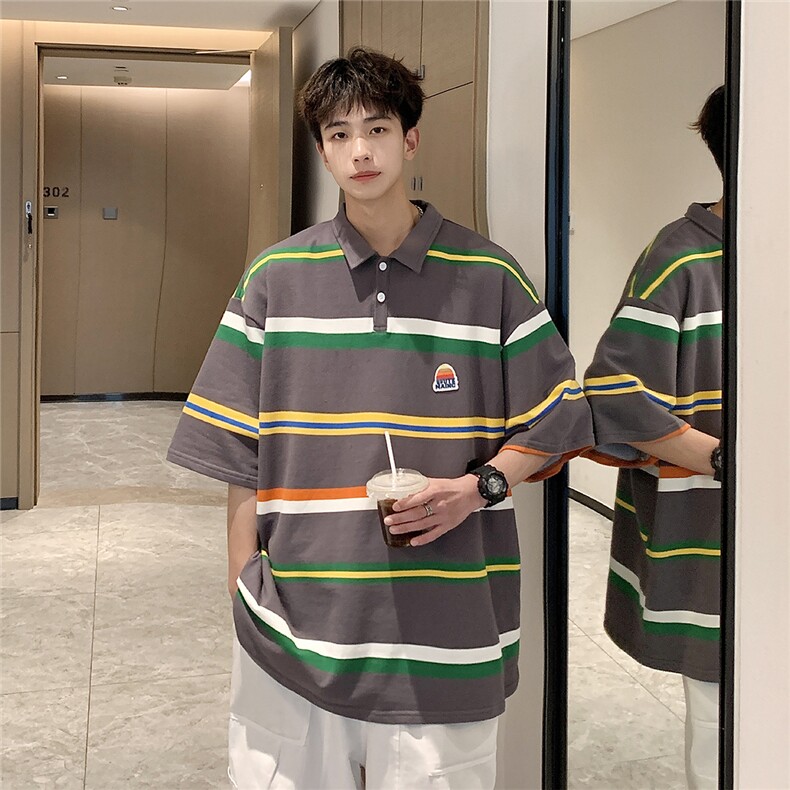 美式条纹短袖polo衫男女大码M-5XL港风翻领短袖T恤DP77010P50控78，男装T恤，星座227-7