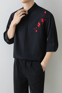 小伙立领纯色衬衫男休闲宽松风刺绣衬衣轻熟风A236-82571-P55图片