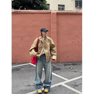 卡其色工装夹克春季廓形美式复古宽松立领飞行员外套JK22XX-特P85图片