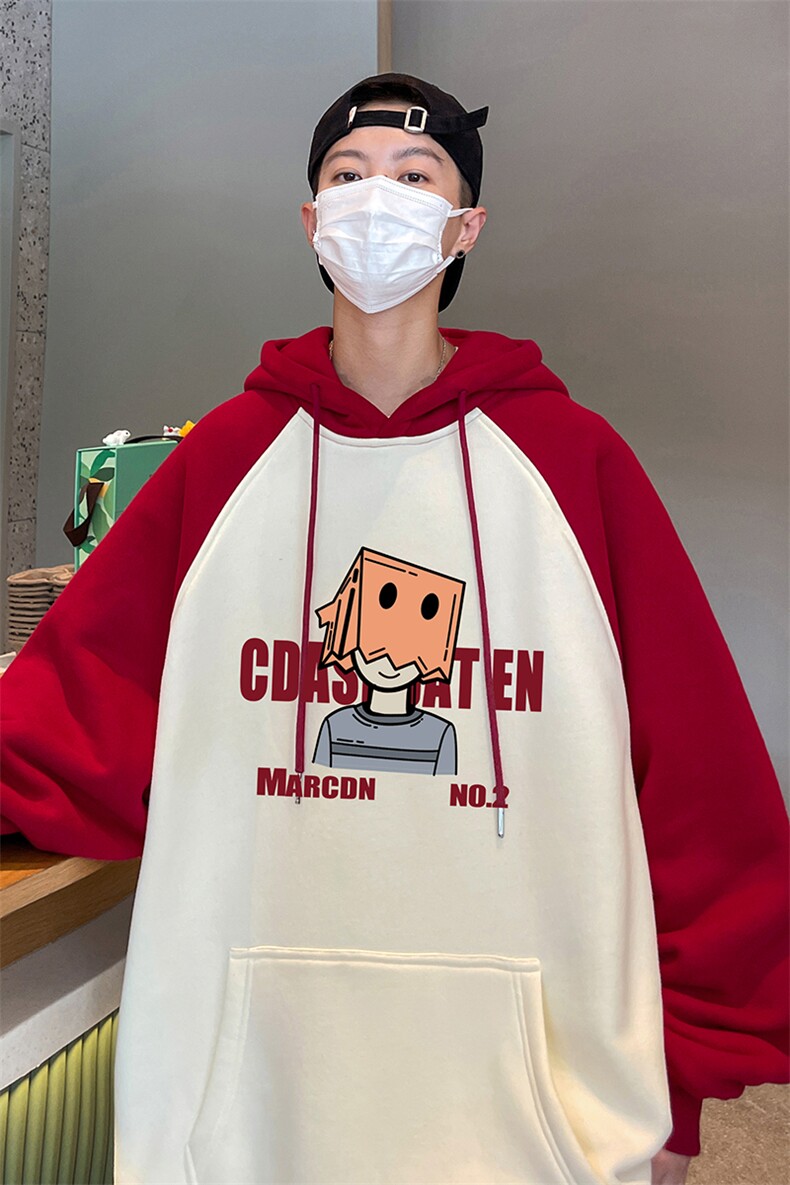 2025港风春款纸袋人印花撞色插肩袖连帽卫衣WY654P58控78,男装卫衣,电商A247