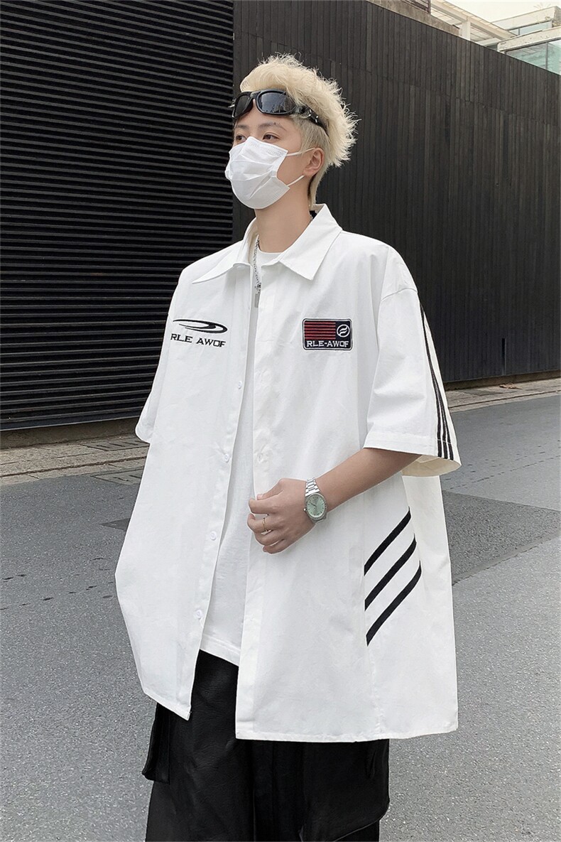 美式复古字母刺绣赛车风男女夏季小众设计情侣潮牌半袖衬衣,男装衬衫,星座505-2（原电商A260-1)