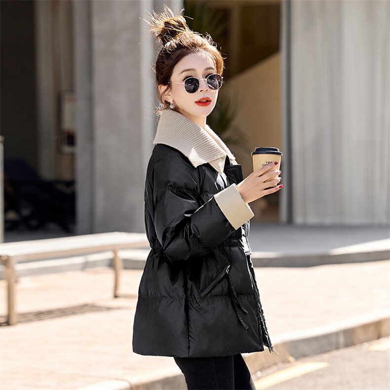 针织翻领洋气PU皮羽绒服女2025冬季气质收腰中长款白鸭绒保暖外套,女装羽绒服,慕咨