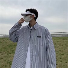 日系复古条纹长袖衬衫男港风宽松休闲打底衬衣春秋季外套C755-p33，男装衬衫，星座1008