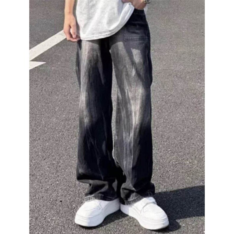 做旧扎染黑灰色牛仔裤男秋季潮牌小众高个子直筒裤宽松渐变阔腿裤，男装牛仔裤，星座613