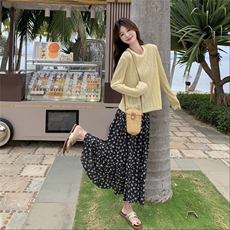 韩系慵懒风减龄针织衫套装裙女法式复古碎花半身裙两件套，女装套装/套裙，2C166