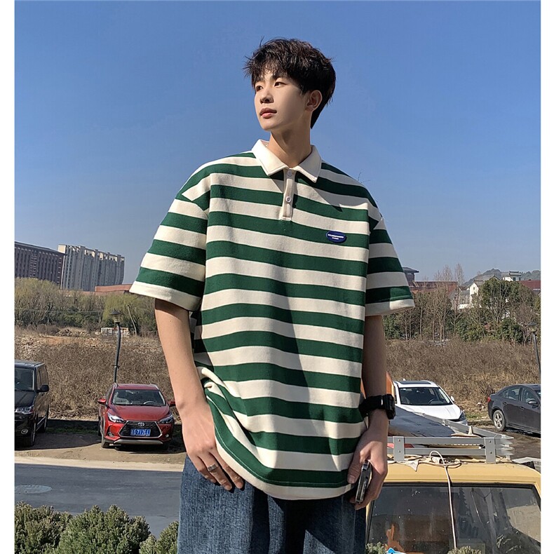 1美式港风条纹短袖polo衫大码M-5XL翻领短袖T恤男DP8761P40控59，男装Polo衫，星座226-2