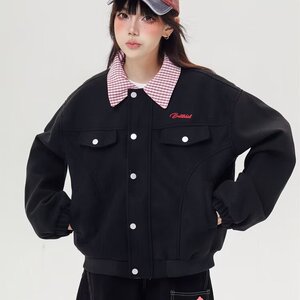 美式复古棒球服外套女春秋季新款设计感毛呢翻领宽松上衣夹克简约图片