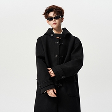 有长图酒红牛角扣连帽毛呢大衣男冬宽松外套MN00706/P125加棉P135，男装毛呢大衣，电商B316