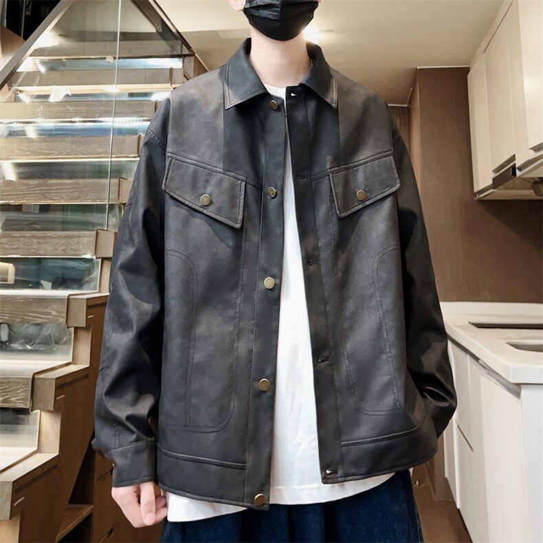 秋季皮衣情侣男士夹克宽松翻领外套潮流机车A266-PY009-P100控168图片