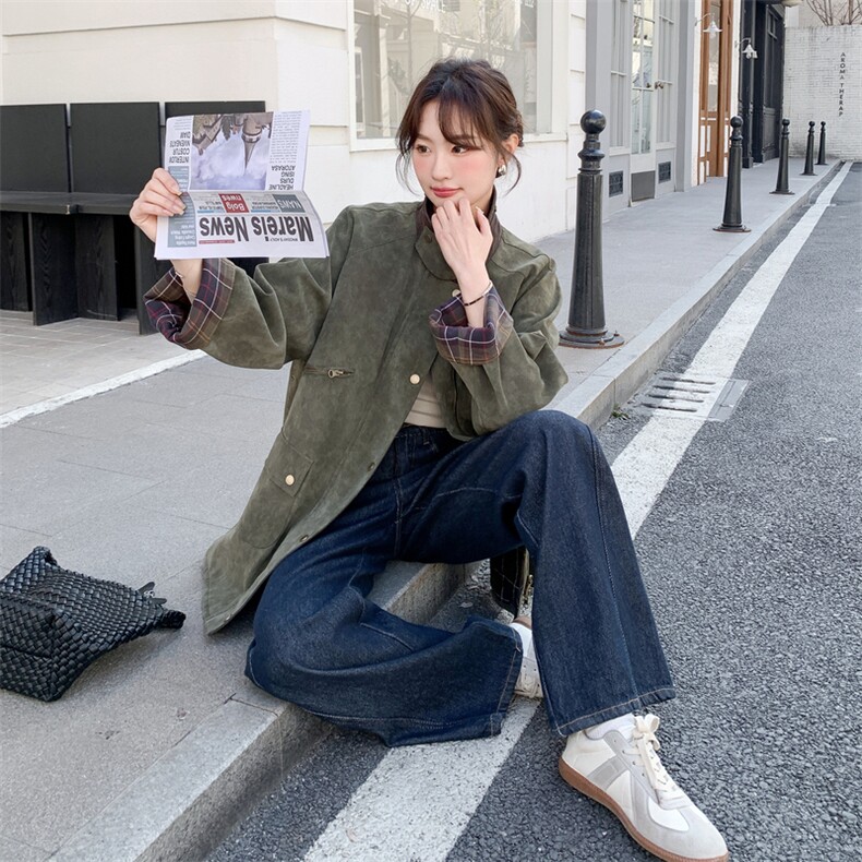 工装风复古军绿色廓形翻领夹克短外套2C212-G217-P185-K298,女装短外套,2C212