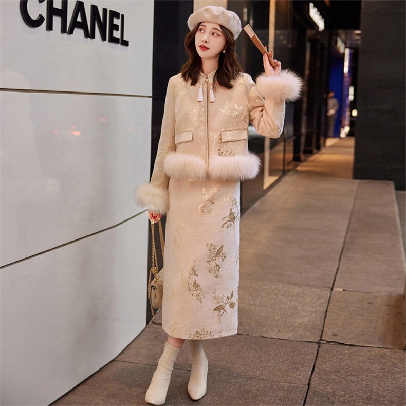 【年货主推】2024新款冬装新中式盘扣羽绒服套装白鸭绒真狐狸毛,女装羽绒服,雅静靓衣
