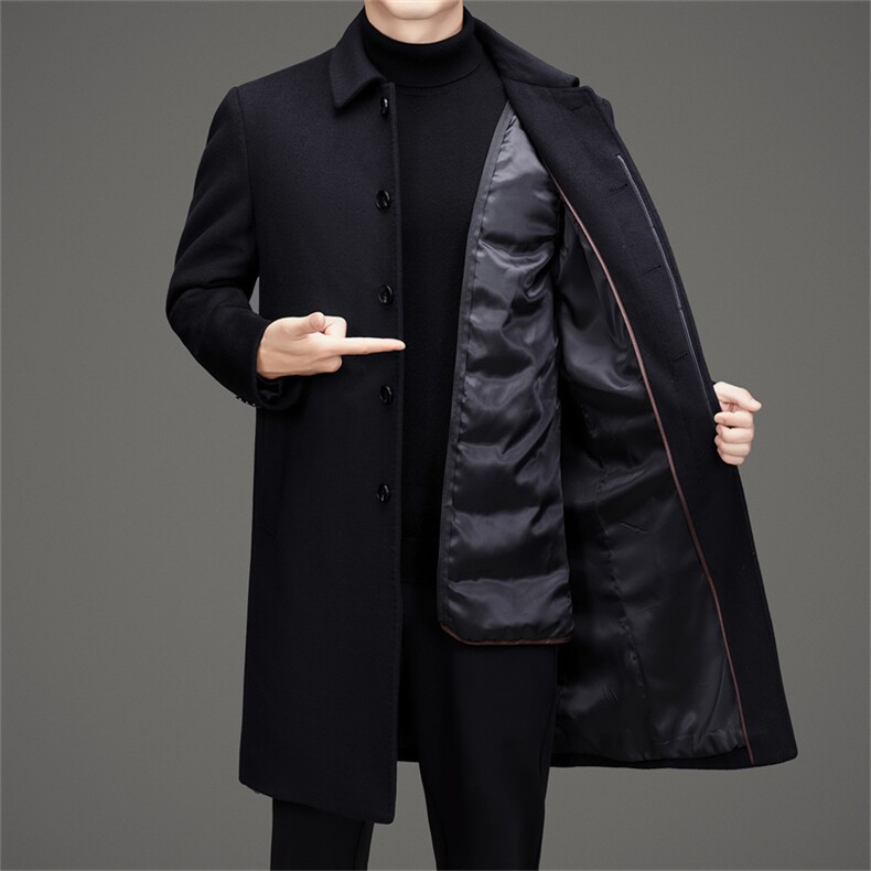 高品质男中年双面呢羽绒服外套中老年绵羊毛呢可脱卸羽绒内胆大衣图片
