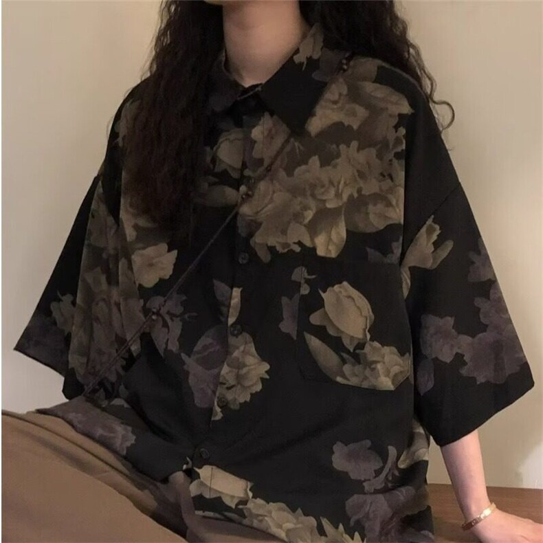 美式复古植物花卉满印短袖衬衫外套男女宽松五分袖衬衣夏季新款,男装衬衫,星座506A