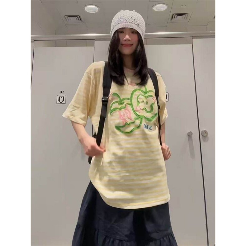 H1000-P35好质量毛巾绣螺纹领包边拉肩休闲短袖T恤,女装T恤,星座617A-2
