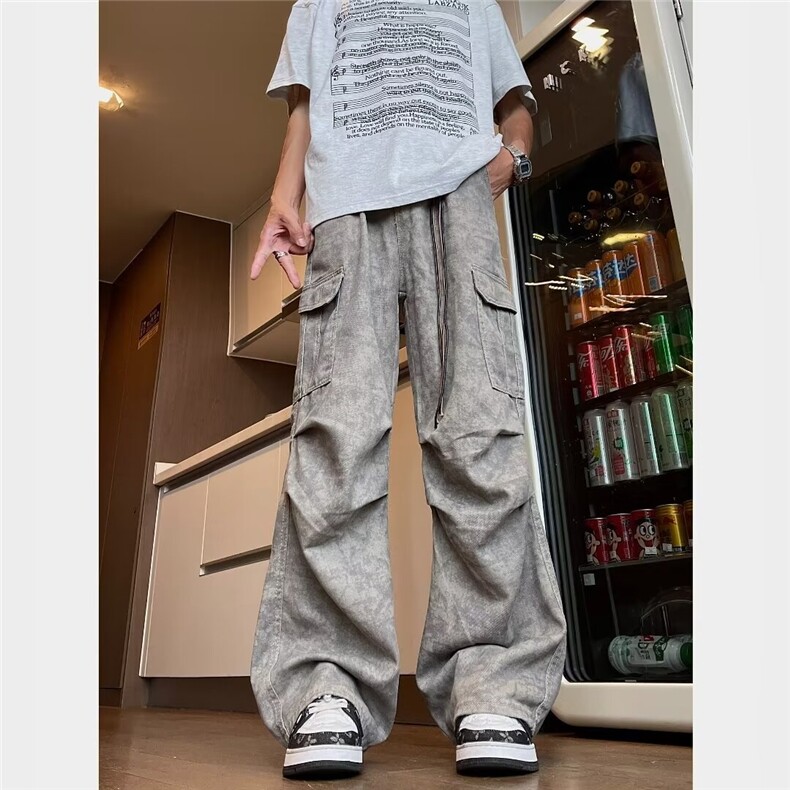 美式复古大理石暗纹口袋直筒阔腿工装裤男宽松伞兵裤休闲裤，男装休闲裤，星座1013