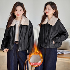 可拆卸毛领加绒加厚皮衣外套女2025秋冬新款小个子显瘦皮夹克上衣，女装棉衣/棉服，依万里