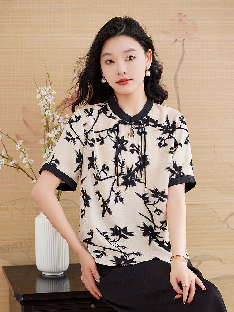 时尚优雅别致设计感新中式清新透气小衫百搭2025,女装蕾丝衫/雪纺衫,媚琳依坊