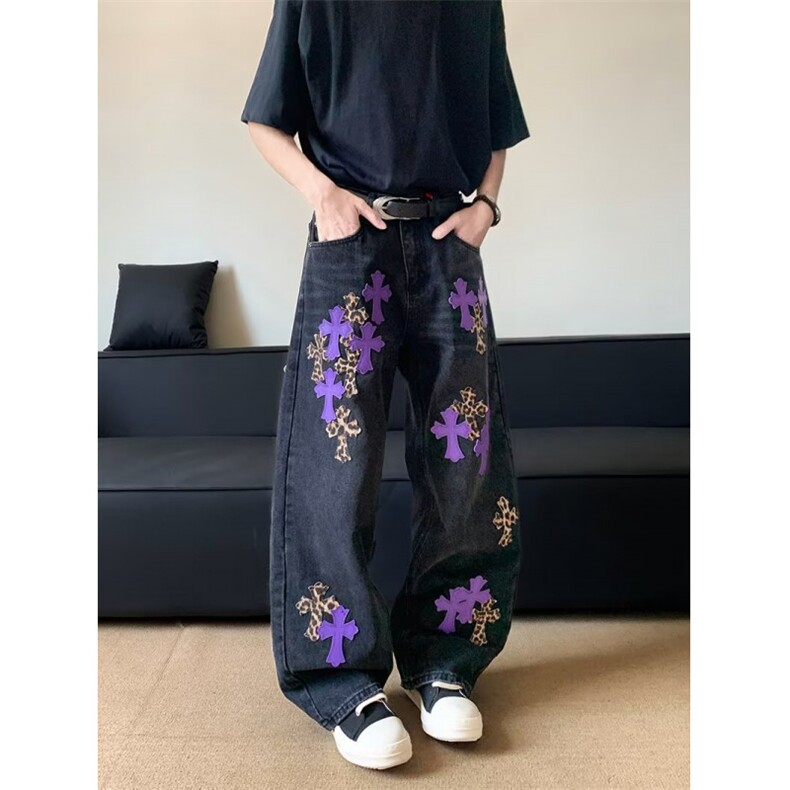十字架撞色拼皮牛仔裤女高腰显瘦美式复古高级感直筒休闲裤潮,男装休闲裤,星座410-6（原星座1304-1）