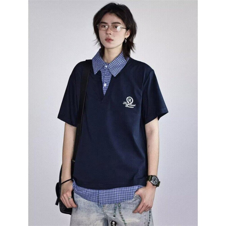 夏季学院风假两件短袖男女格子拼接polo衫t恤翻领复古休闲TB65，男装Polo衫，星座1116A（原606A-3）