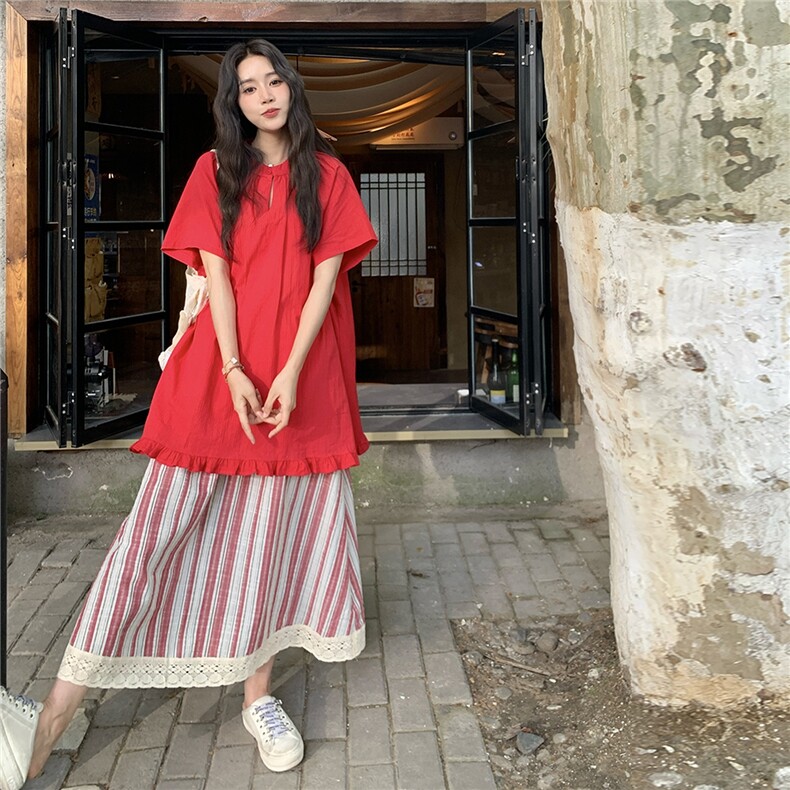 温柔系穿搭甜美红色t恤裙时尚洋气韩版条纹半身裙两件套女夏新款,女装套装/套裙,2C201