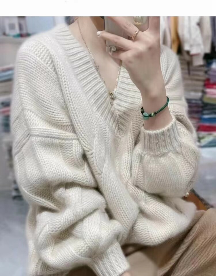 新款宽松V领慵懒风羊毛针织衫女长袖宽松显瘦百搭,女装羊毛衫,千御纺羊绒