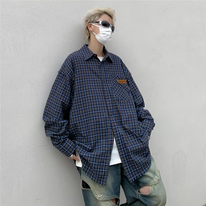韩版小众长袖格子衬衫男女ins潮牌街围感宽松休闲衬衣服CY533-P46,男装衬衫,星座412-3