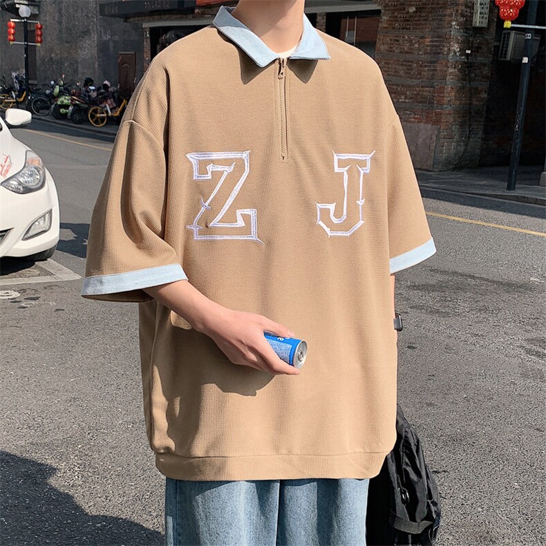 2026夏装牛仔拼接绣花五分袖T恤华夫格半袖BDT001/特P30杏色5,男装T恤,电商A094