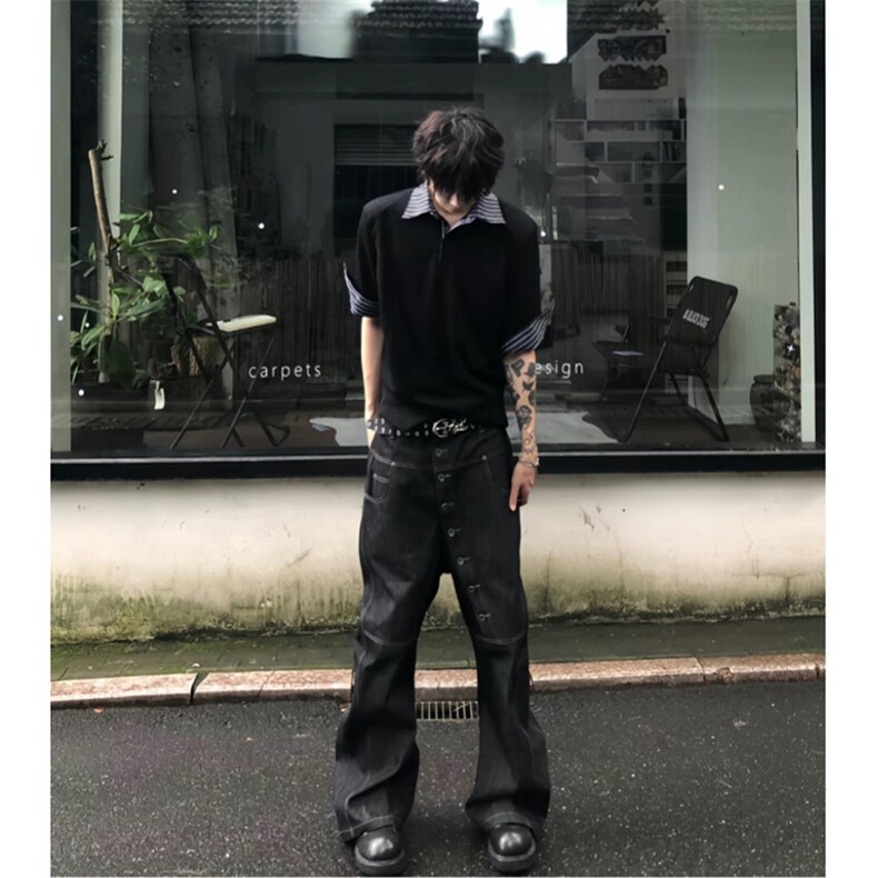 得物抖音高品质二开夏季美式潮牌假两件条纹衬衫翻领高街短袖T恤,男装T恤,电商A486