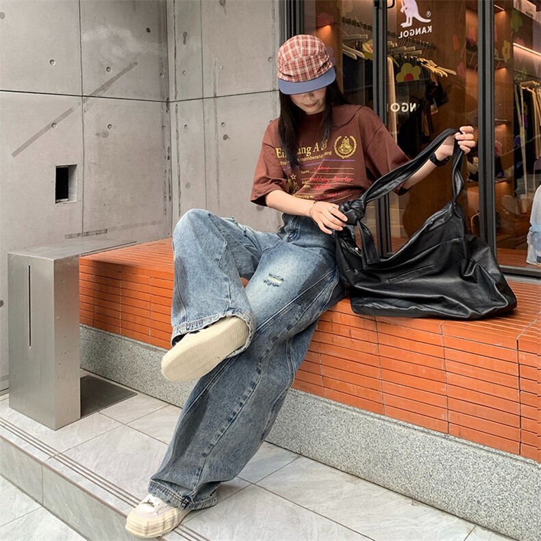 美式泼墨破洞弯刀牛仔裤男高街宽松复古潮牌设计感阔腿微喇长裤子,男装牛仔裤,星座1210-1