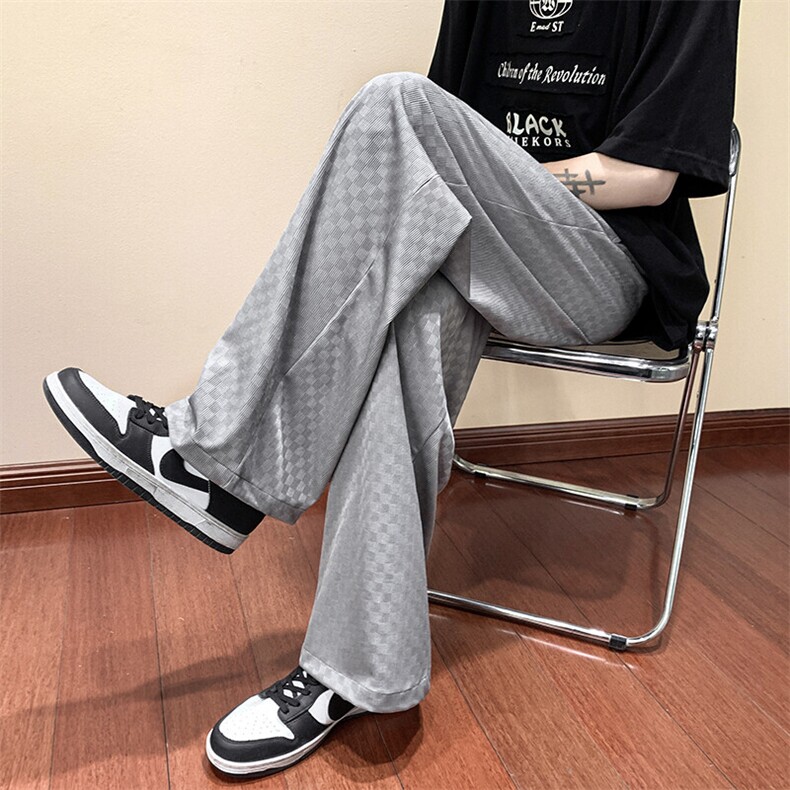 棋盘格垂感裤子男夏季宽松直筒oversize阔腿潮流春秋拖地休闲长裤,男装休闲裤,电商B289