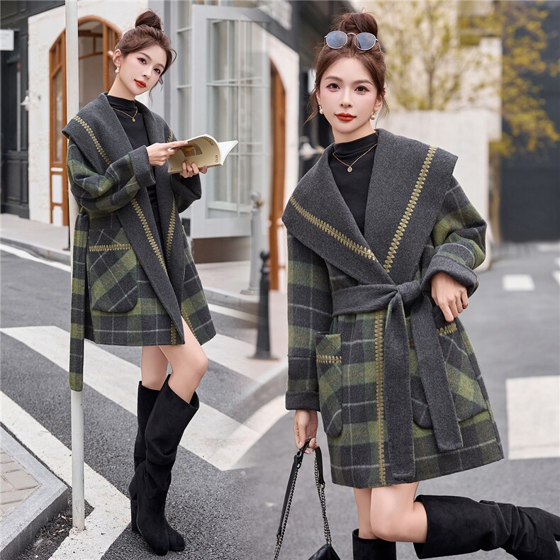 现货2025年冬季格子双面羊毛呢正反两穿刺绣定制款羊毛大衣，女装双面呢大衣，琦鑫阁（原依鑫阁）