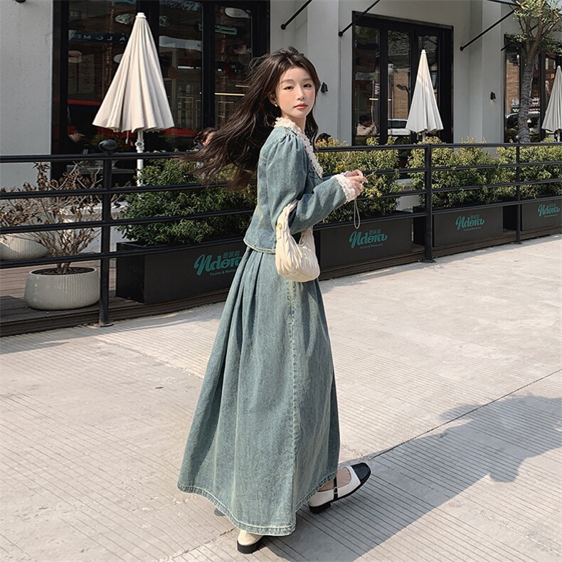 (现货）2025新品韩系牛仔珍珠花边半裙两件套装F513-P145-K228,女装套装/套裙,2C255