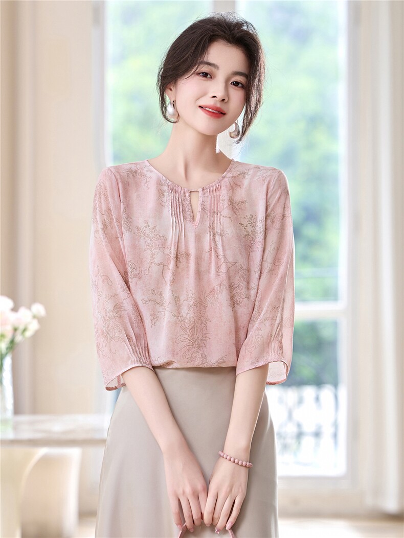 时尚轻奢高级感真丝衬衫女2025夏装新款03双绉桑蚕丝上衣印花小衫,女装衬衫,阿舍尔精品