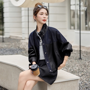 海宁皮衣牛仔拼接立领外套女2025秋新款宽松休闲百搭时尚夹克上衣图片