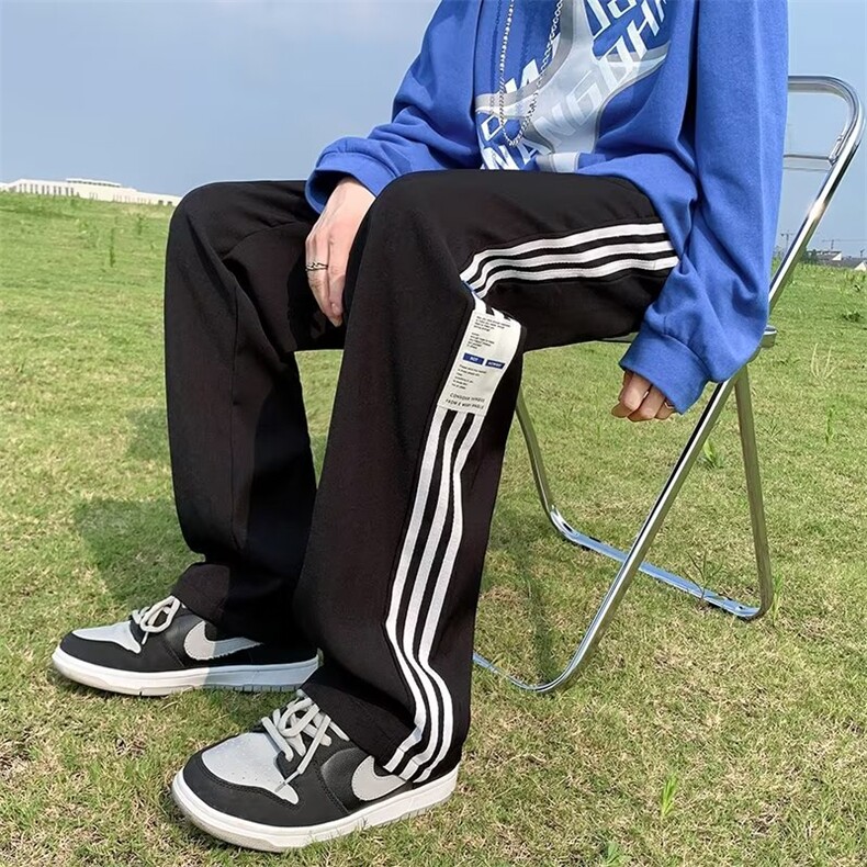 秋季薄款条纹运动长裤宽松直筒休闲裤男高街复古阔腿裤K4314-P35,男装休闲裤,星座512-2
