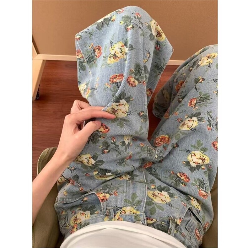 美式复古花卉满印碎花牛仔裤女夏季高腰梧桐裤直筒阔腿裤NA1996,男装牛仔裤,星座1116A（原606A-3）