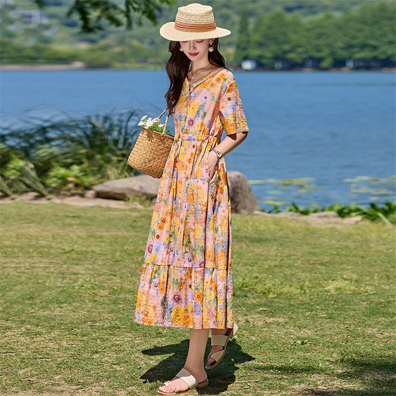 2026夏装新款简约时尚休闲气质印花连衣裙,女装连衣裙,魅丽静蓝