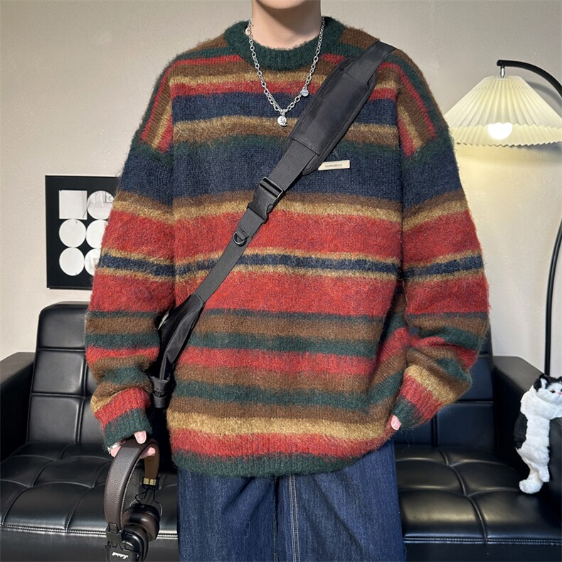 美式复古撞色条纹毛衣男2024秋冬新款慵懒风宽松针织衫M1690-P53,男装针织衫/毛衣,星座512-4