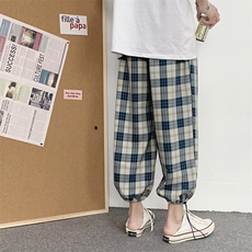 910A-A09港风夏秋薄款情侣大直筒束脚格子裤休闲裤男，男装休闲裤，星座910A