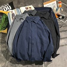 男士秋季衬衫长袖休闲韩版潮流宽松条纹衬衣外套DF07T，男装衬衫，电商A102