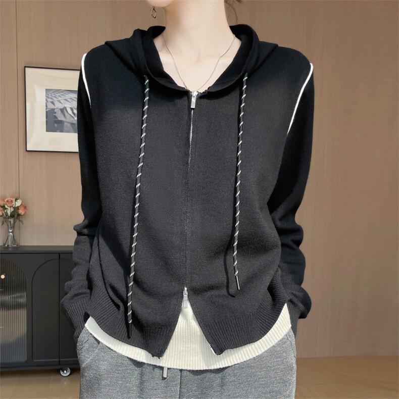 拼色双拉链精纺羊毛开衫女假两件连帽针织衫外套毛衣宽松帽衫上衣，女装针织衫/毛衣，九嘉羊绒