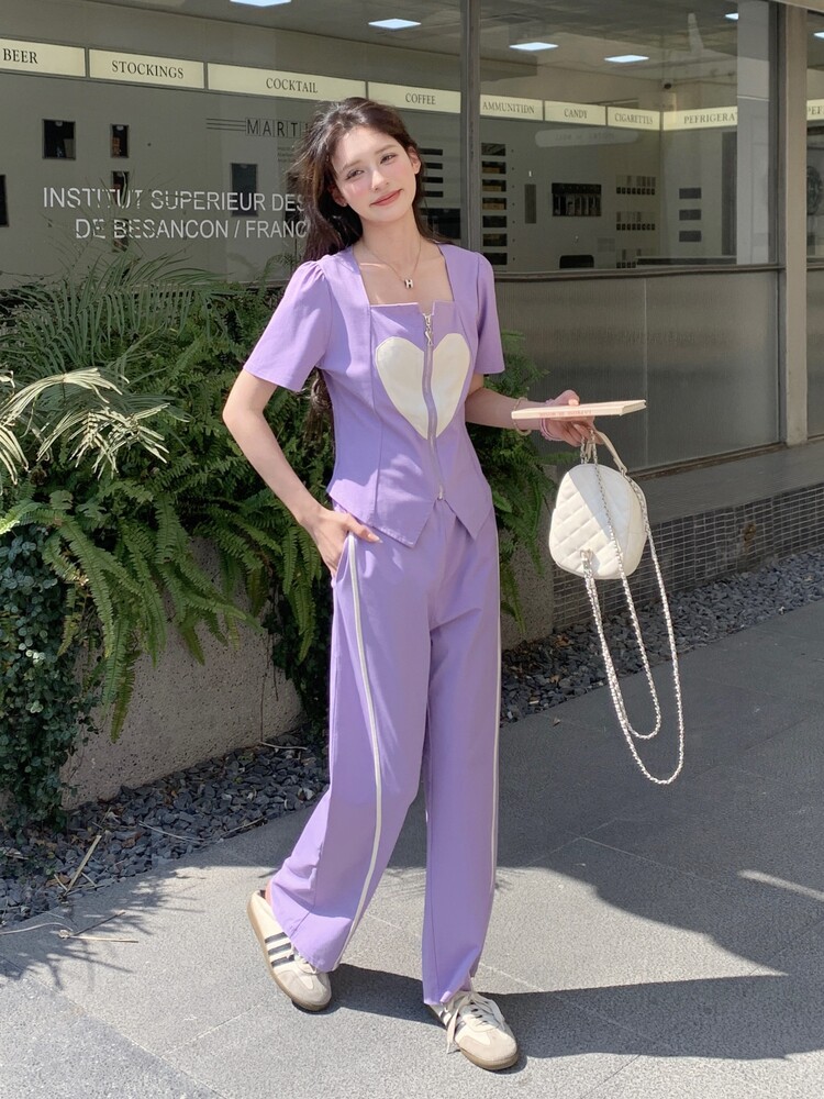 紫色短袖上衣半身裙套装女夏季2025新款时尚洋气休闲显瘦减龄穿搭,女装套装/套裙,含赞