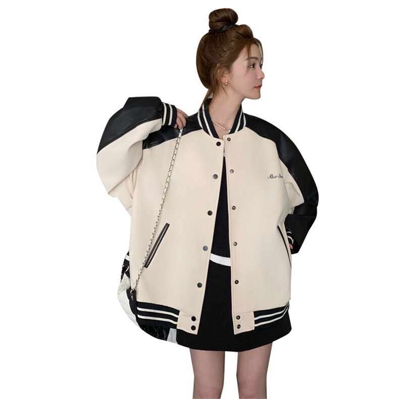 白色短款棒球服外套女春秋2025新款韩系别致甜酷撞色拼接pu皮夹克,女装短外套,2C051