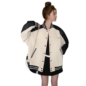 白色短款棒球服外套女春秋2025新款韩系别致甜酷撞色拼接pu皮夹克图片